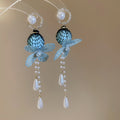 Blue Fabric Flower Earrings With Pearl And Teardrop Accents view 6