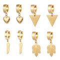 Gold Tone Heart Feather Leaf and Triangle Huggie Drop Earrings view 5