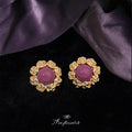Gold Rose Frame Purple Cabochon Flower Stud Earrings view 1