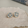 Gold Blue Cream Enamel Hexagon Floral Pattern Stud Earrings view 6
