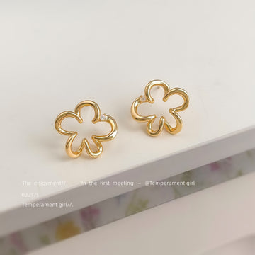 Gold Tone Open Flower Outline Stud Earrings with CZ