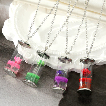Silver Tone Glass Bottle Flower Pendant Necklaces in Four Colors