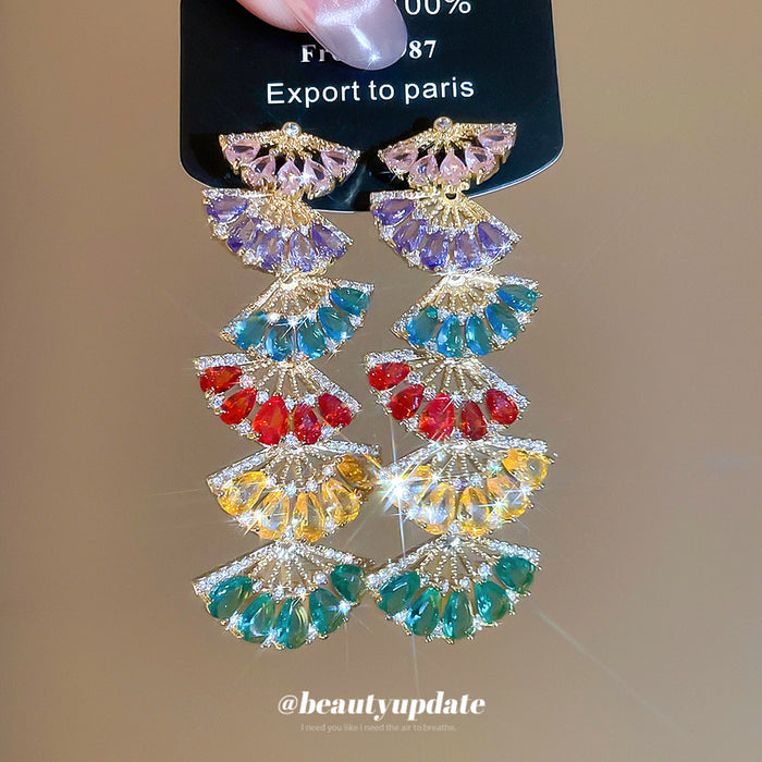 Multicolor Crystal Fan Drop Earrings in Gold Tone Metal