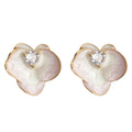 Pink White Enamel Petal Flower Stud Earrings Gold Edge view 5