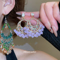 Ornate Crystal Fan Drop Earrings With Beaded Fringe view 2