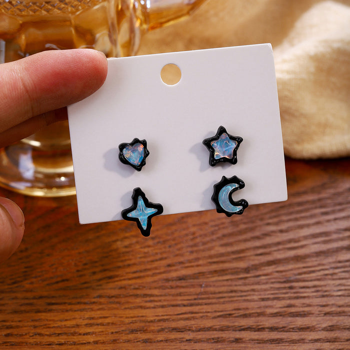 Black Star Moon Iridescent Four Pair Stud Earring Set