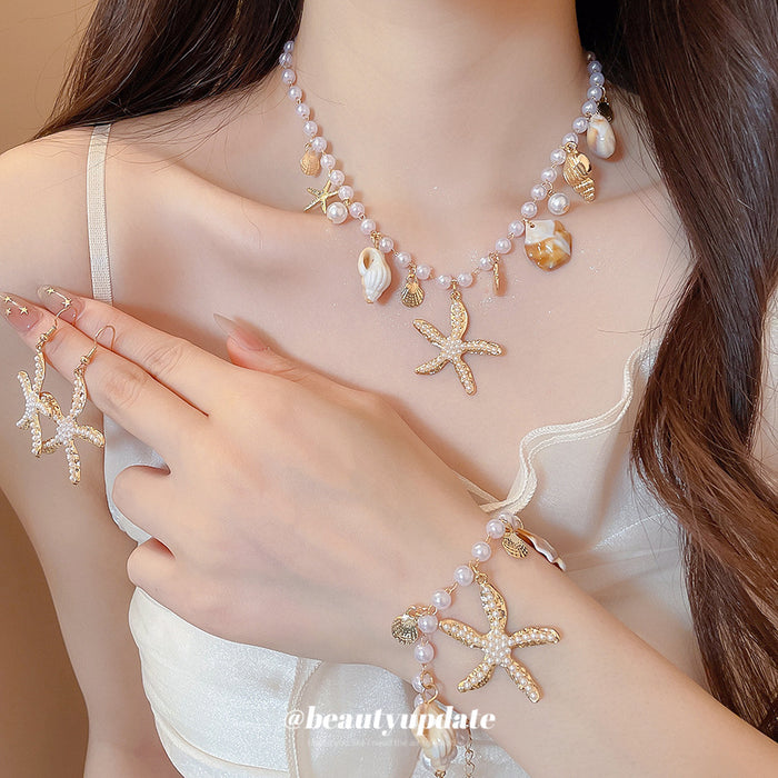 Pearl Bead Starfish Shell Necklace Bracelet Gold Earrings