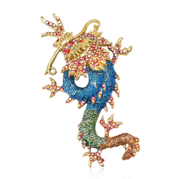 Large Coiled Dragon Enamel Brooch in Red or Blue Green