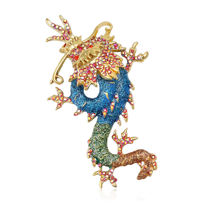Large Coiled Dragon Enamel Brooch in Red or Blue Green