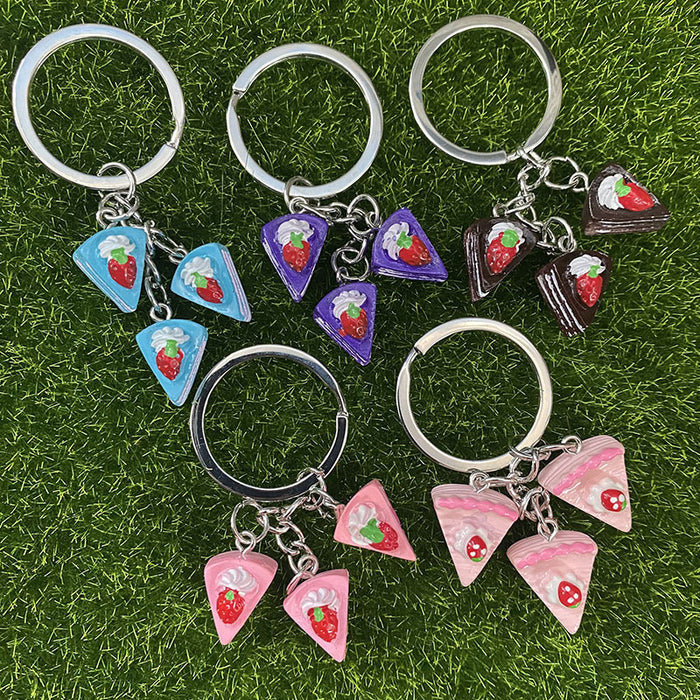 Three Charm Strawberry Layer Cake Split Ring Keychains in Five Colors