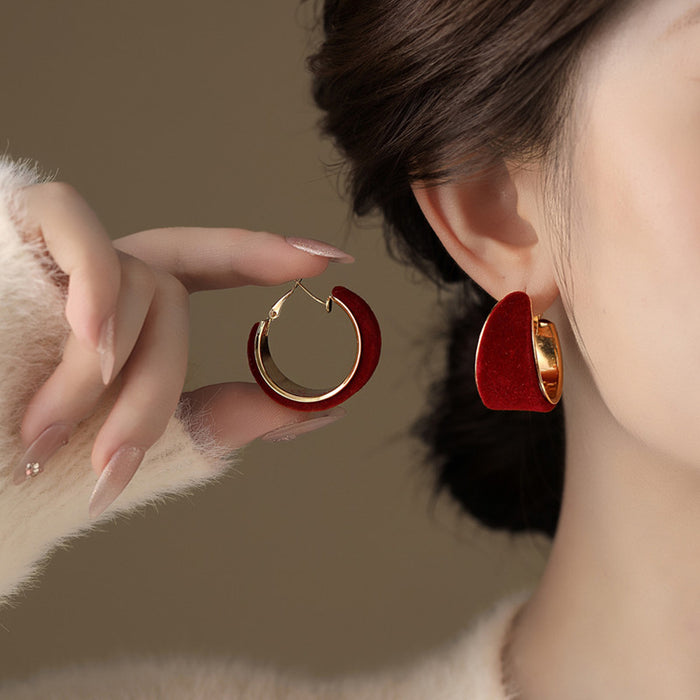Leopard Brown and Red Velvet Wide Gold Tone Hoop Earrings