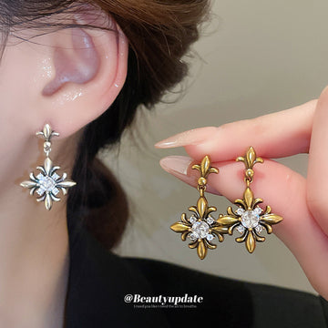 Antique Tone Iris Flower Stud Earrings in Gold and Silver