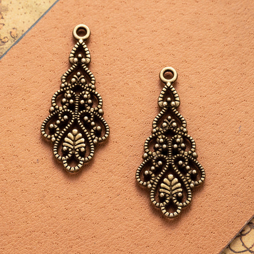 Closer view of the long floral teardrop charm surface and openwork details
