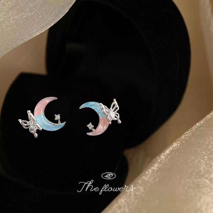Silver Tone Pink Aqua Crescent Moon Butterfly Stud Earrings