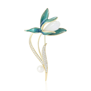 Gold Tone Magnolia Branch Brooch with Blue Enamel Petals
