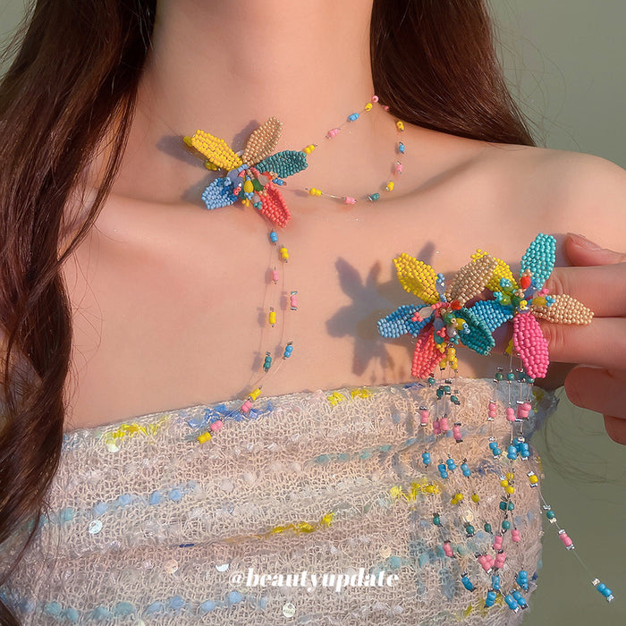Multicolor Seed Bead Flower Long Tassel Drop Earrings