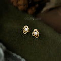 Gold Mini Openwork Camellia Pearl Zircon Stud Earrings view 3