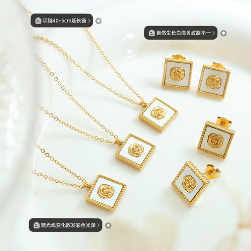 Gold shell camellia pendants and stud earrings with length labels