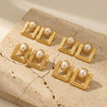 Geometric Square Pearl Center Stud Earrings in Gold Tone view 4