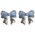 Silver Tone Blue Ribbon Bow Stud Earrings With Sculpted Loops view 5