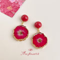 Red Resin Flower Pressed Petal Drop Earrings Gold Frame view 3