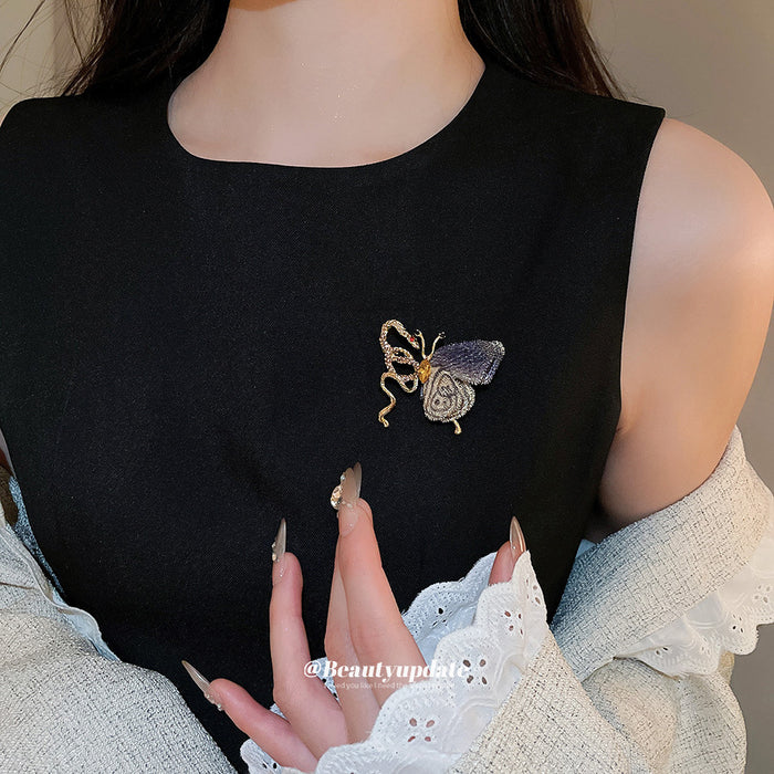 Gold Knitted Openwork Butterfly Brooch Rhinestone Snake Body