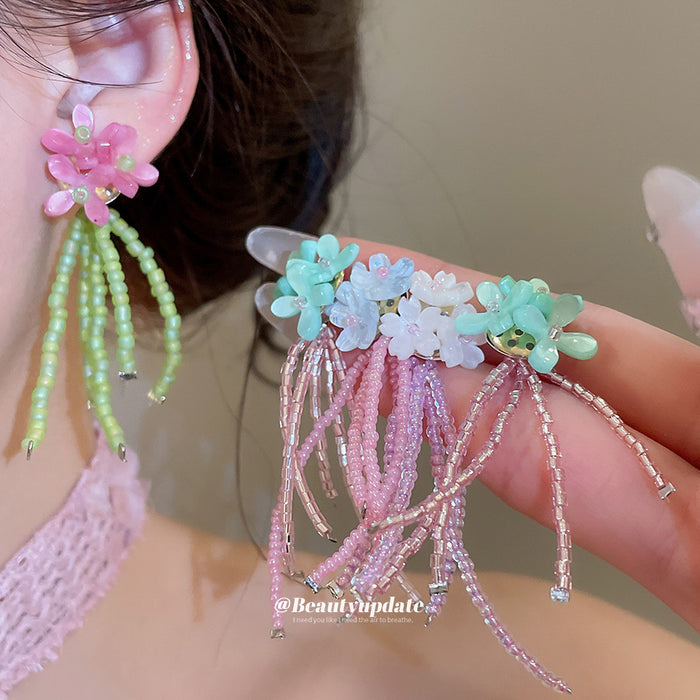 Colorful Flower and Glass Bead Tassel Stud Earrings Five Styles