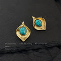 Gold Tone Hammered Leaf Stud Earrings Turquoise Cabochon view 3