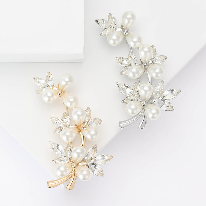Pearl Crystal Flower Bouquet Branch Brooch Gold Silver