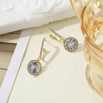 Gold Halo Round Clear Crystal Drop Earrings Lever Backs