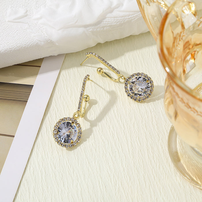 Gold Halo Round Clear Crystal Drop Earrings Lever Backs