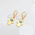 Gold Tone Evil Eye Huggie Earrings with Ten Symbolic Drop Designs view 6