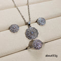 Silver Pave Flower CZ Necklace Earrings Open Ring Set view 5