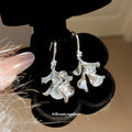Layered Blue Ginkgo Leaf Tassel Silver Tone Hook Earrings view 4