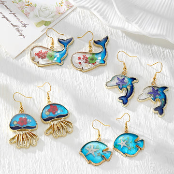 Gold Tone Ocean Animal Pressed Flower Drop Earrings in Fifteen Designs