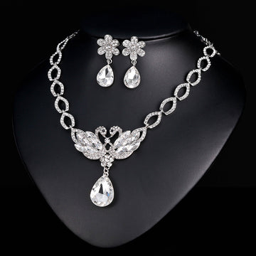 Black Silver Tone Swan Crystal Four Designs Metal Necklace