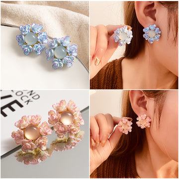 Pink and Blue Mini Rose Floral Wreath Statement Stud Earrings