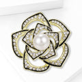 Camellia Flower Brooch In Metal With Openwork Black Enamel Petals, Crystals, And A view 3