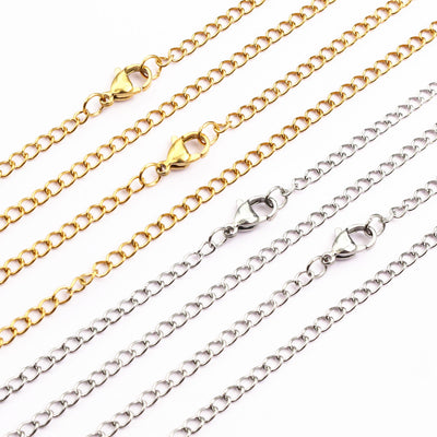 Image 1 showing stainless steel necklace chains with lobster clasp in two finishes in the pictured colors and forms