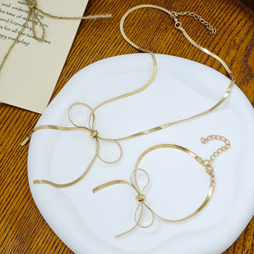 Herringbone Bow Necklace Bracelet Earrings Gold Silver