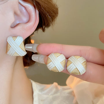 White And Gold Cross Woven Round Stud Earrings Jewelry Accessory