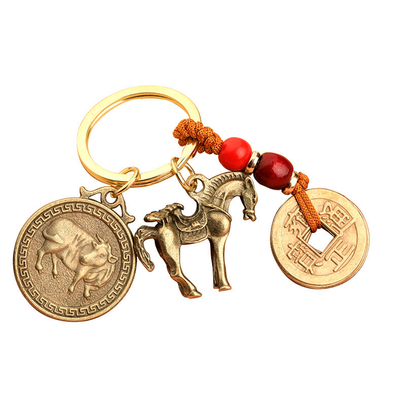 Faux Brass Wealth Horse Zodiac Coin Keychain Car Hanging Charm