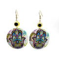 Gold Tone Round Printed Hamsa and Evil Eye Hook Earrings in Ten Designs view 5