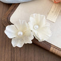 Fabric Double Flower Pearl Center Duckbill Hair Clips Two Colors view 6