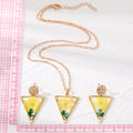 Gold Tone Triangle Yellow Pressed Flower Necklace and Earring Set view 3