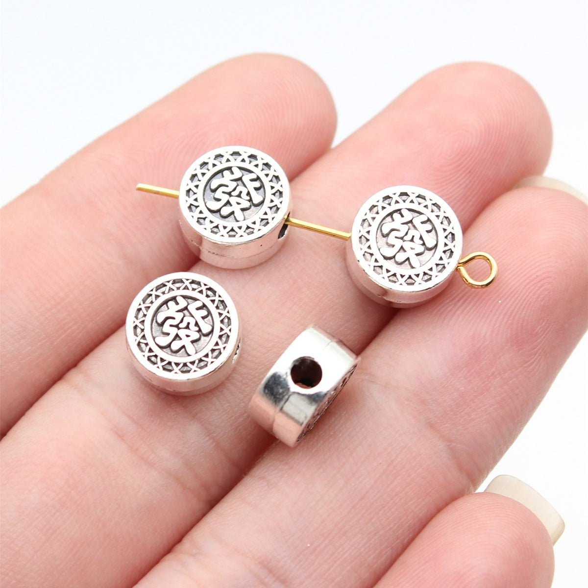 10x10x5mm 2g Antique Silver Zinc Alloy Round Chinese Character Fa Small Hole Beads for DIY Jewelry