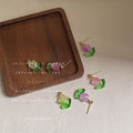 Glass Tulip Flower Stud Earrings Green Leaf Accents view 3
