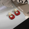 Red Translucent Open Square Gold Tone Stud Earrings view 2