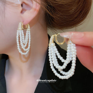White Pearl Layered Tassel Huggie Statement Earrings