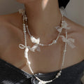 White Lace Bow and Pearl Chain Statement Necklace Fashion Jewelry view 6